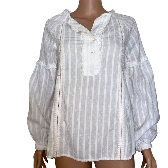 Sundance white balloon sleeve 1/2 button 100% cotton Boho flowy blouse SZ XS - Picture 3 of 9